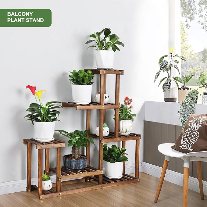 Wood Plant Stand Indoor Outdoor Multi Tiered Corner Plant Shelf Holder High Low - Image 6