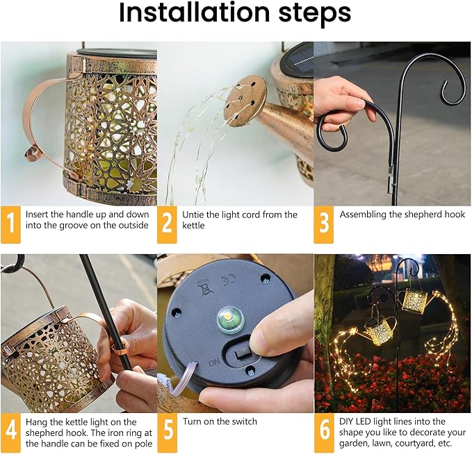 Solar Lights Outdoor Decorative, 2 Pack Metal Watering Can Lights Waterproof - Image 4