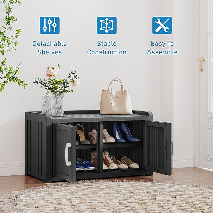 2-Tier Storage Bench, Waterproof UV-Resistant Outdoor Shoe Storage Cabinet - Image 6