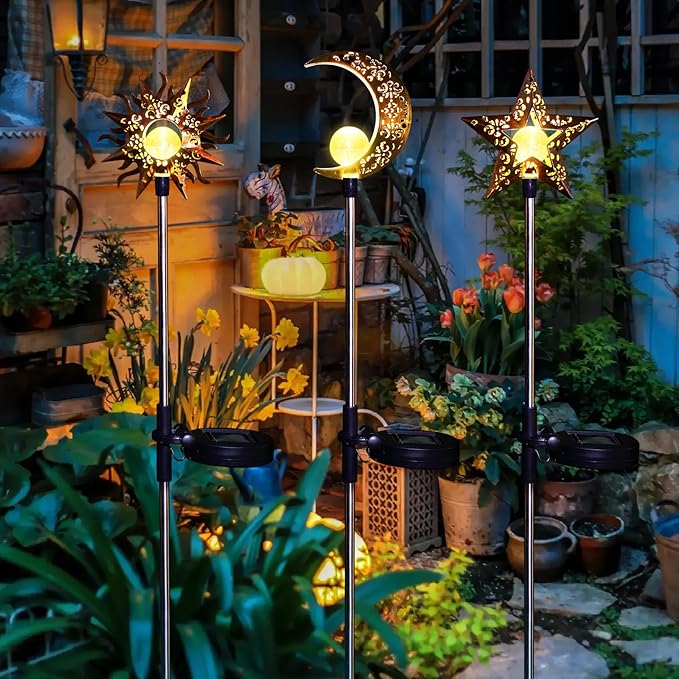 Solar Garden Stake Lights, Moon Sun Star Yard Decorations Outdoor 3 Pack Solar - Image 3