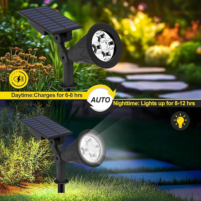 T-SUN Solar Spotlights Outdoor, 2 Pack White LED Landscape Lights, Waterproof - Image 4