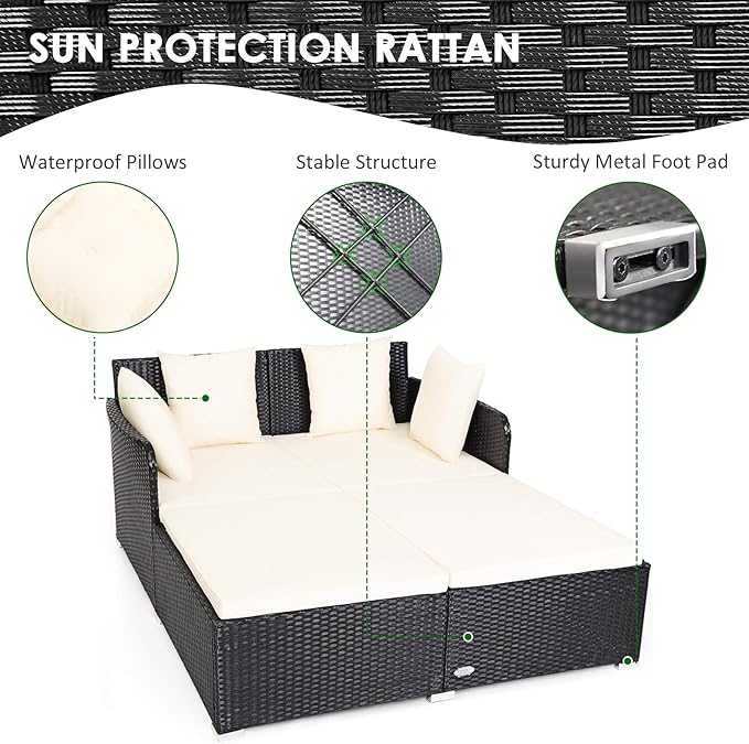 COSTWAY Outdoor Patio Rattan Daybed, Sponge Cushioned Loveseat Sofa - Image 7