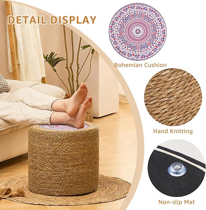 Wimarsbon Round Pouf Ottomans, Handwoven Natural Water Hyacinth Seagrass Pouffe - Image 4