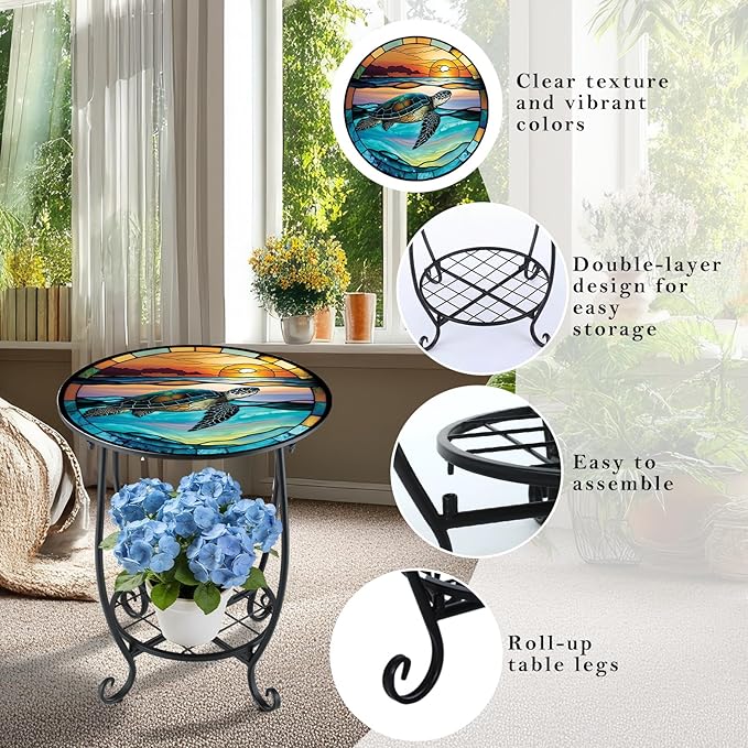 Outdoor Side Table Round Small Mosaic Patio Accent Indoor End Plant Coffee Tea - Image 4
