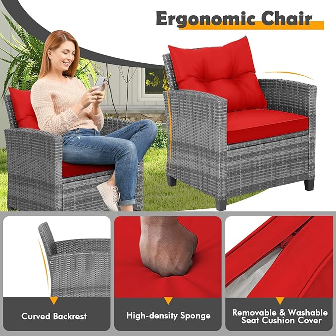 Tangkula 3 Pieces Patio Furniture Set, Outdoor PE Rattan Conversation Chair Set - Image 4