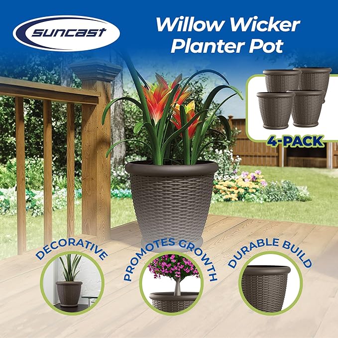 Suncast 4 Pack Wicker Planter w/ Drillable Drain Holes, Decorative - Image 2