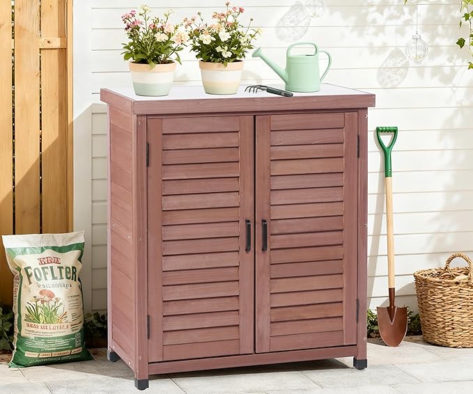 Outdoor Potting Bench with Storage Cabinet and Metal Top, Wood Workstation - Image 8