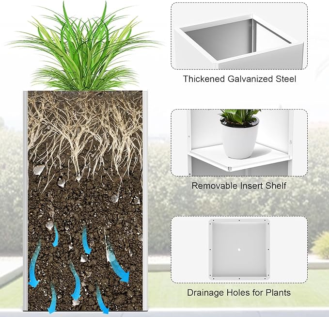 Galvanized Steel Metal Planter, 26 Inch White Square Outdoor Planters - Image 7