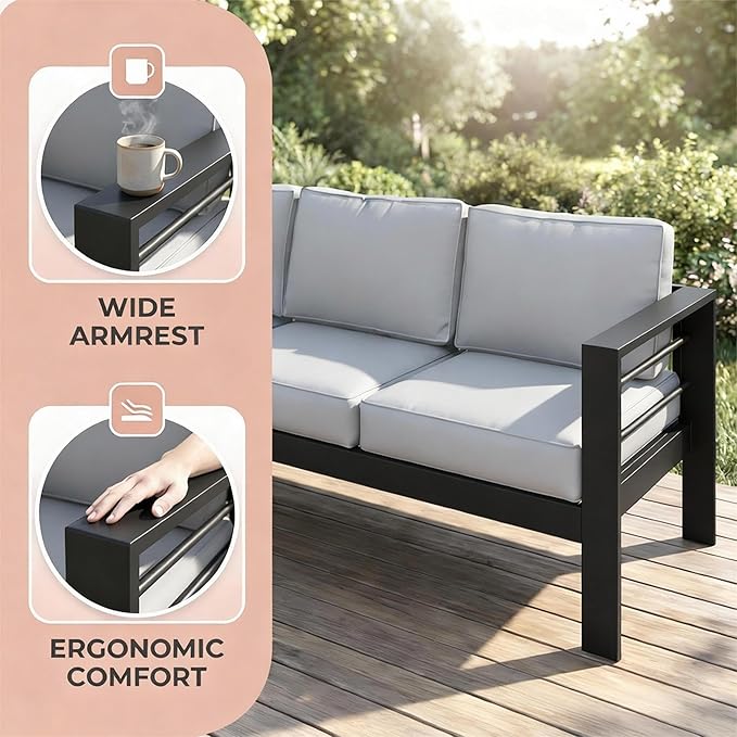 Kiss the Water Outdoor Couch Aluminum Patio Furniture Sofa, 3 Seat All-Weather - Image 4