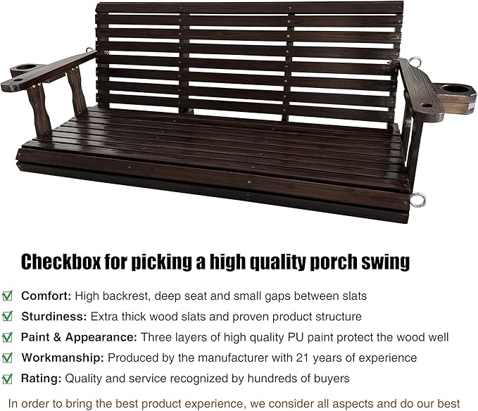 Fortune Candy Wooden Porch Swing 3-Seater, High Backrest and Deep Seat - Image 4