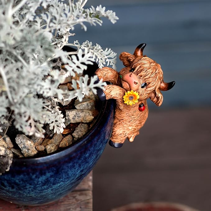 CXYCzsbjCute Rock Climbing Highland Bull Statue Flowerpot Hugging Device - Image 7