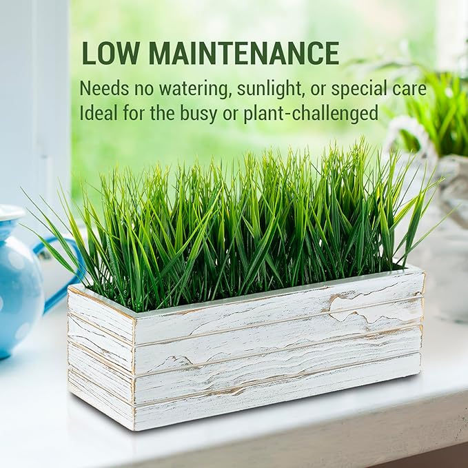 MyGift 14 Inch Artificial Green Grass Plant in Shabby White Washed Wood Planter - Image 3