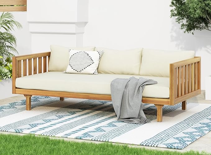 Merax Outdoor 3 Seater Daybed, Acacia Wood Day Bed Couch Sofa - Image 4