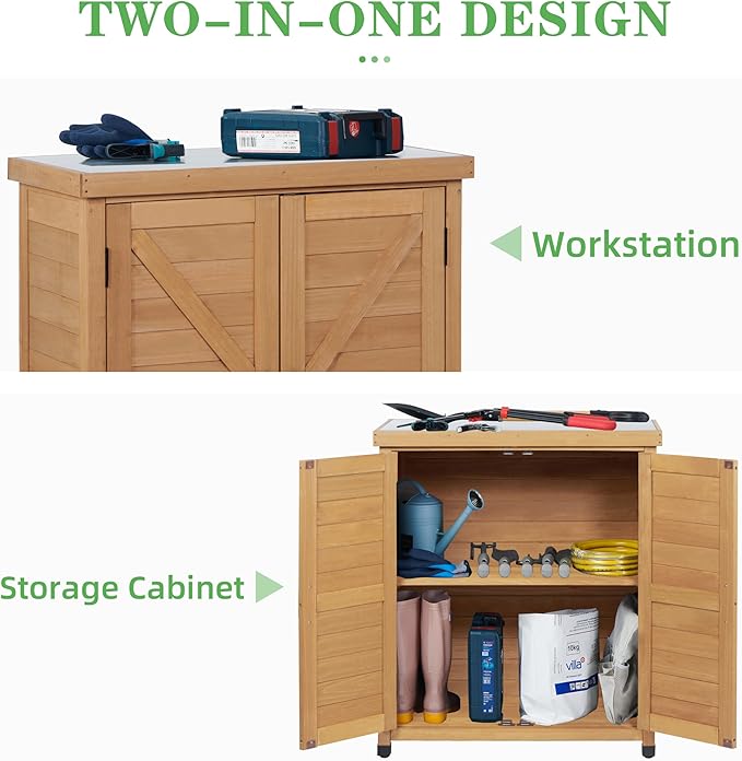 Outdoor Potting Bench with Storage Cabinet and Metal Top, Wood Workstation - Image 7