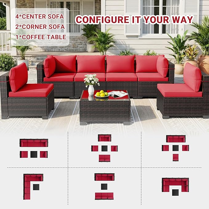 LEVELEVE 7 Pieces Outdoor Patio Furniture Sets, Rattan Conversation Sectional - Image 3