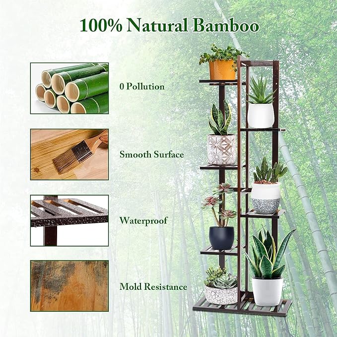 DolceLuna Plant Stand Indoor 6 Tier, Bamboo Plant Shelf Corner Display Rack - Image 4