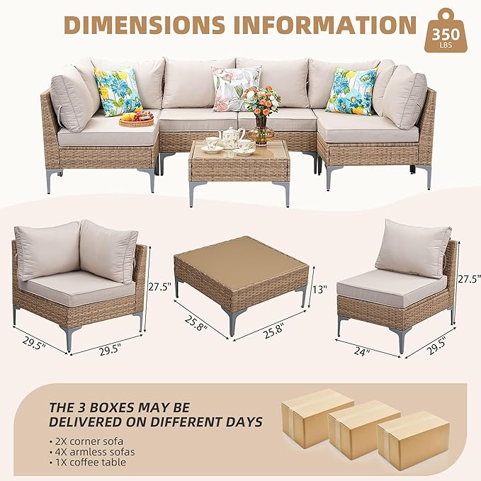 Jing's Villa 7-Piece Outdoor Patio Furniture Set, Ratten Conversation Sectional - Image 7