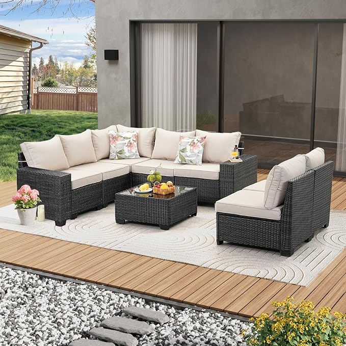8 Pieces Patio Furniture Set All-Weather Outdoor Wicker Sectional Conversation - Image 8