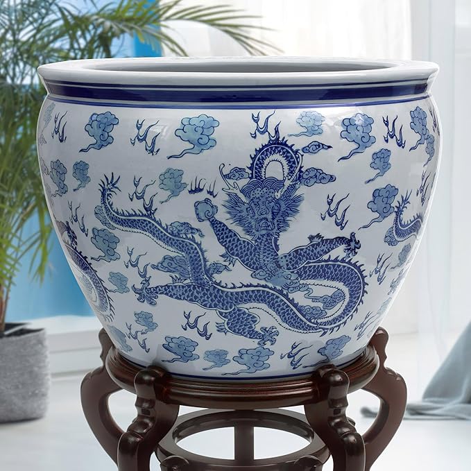 Red Lantern 18" Dragon Blue & White Porcelain Fishbowl - Image 7