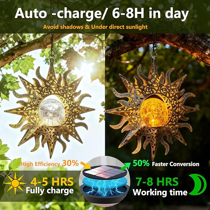 2 Pack Garden Decor Hanging Lanterns Outdoor Waterproof, Solar Lights Metal Sun - Image 4