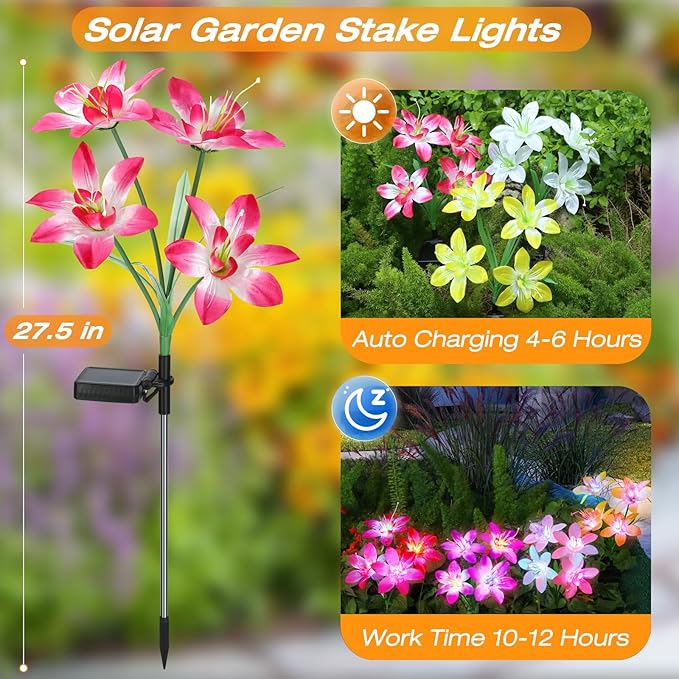 Aukora Solar Garden Lights Outdoor 10 Pack, 5 Colors Lily Flowers & 7-Color - Image 3