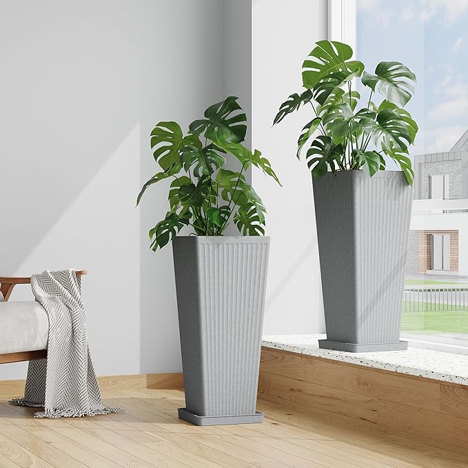 Tall Planters for Outdoor Plants Set of 2, 23.6" Large Taper Flower Plant Pots - Image 6