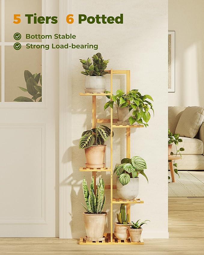 Bamworld Bamboo Plant Stand Indoor 5 Tiered Plant Shelf Outdoor Corner Plant - Image 3