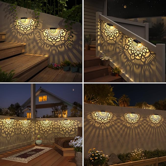 6 Pack Solar Fence Lights Outdoor Wall Lights Black Plastic Solar Powered Deck - Image 5