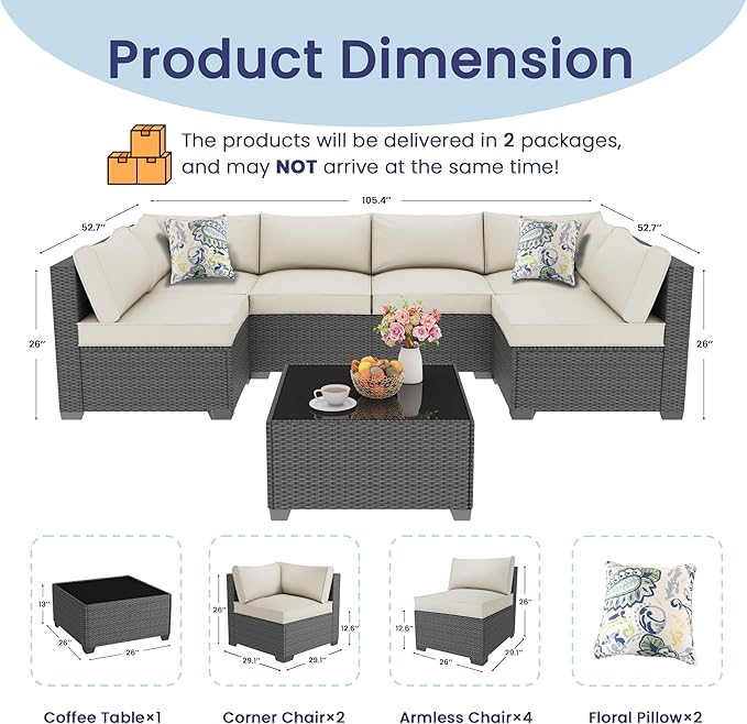 7 Piece Outdoor Patio Furniture Set, Outdoor Sectional Furniture, Rattan & - Image 7