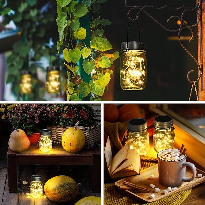 GIGALUMI Hanging Mason Jar Solar Lights, 6 Pack 30 Led Hanging Solar Lanterns - Image 3