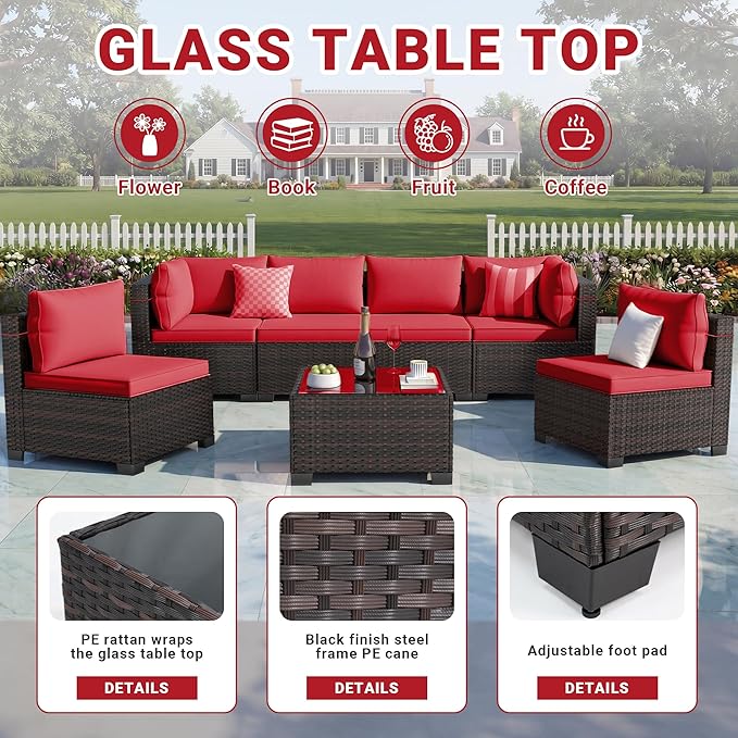 LEVELEVE 7 Pieces Outdoor Patio Furniture Sets, Rattan Conversation Sectional - Image 5