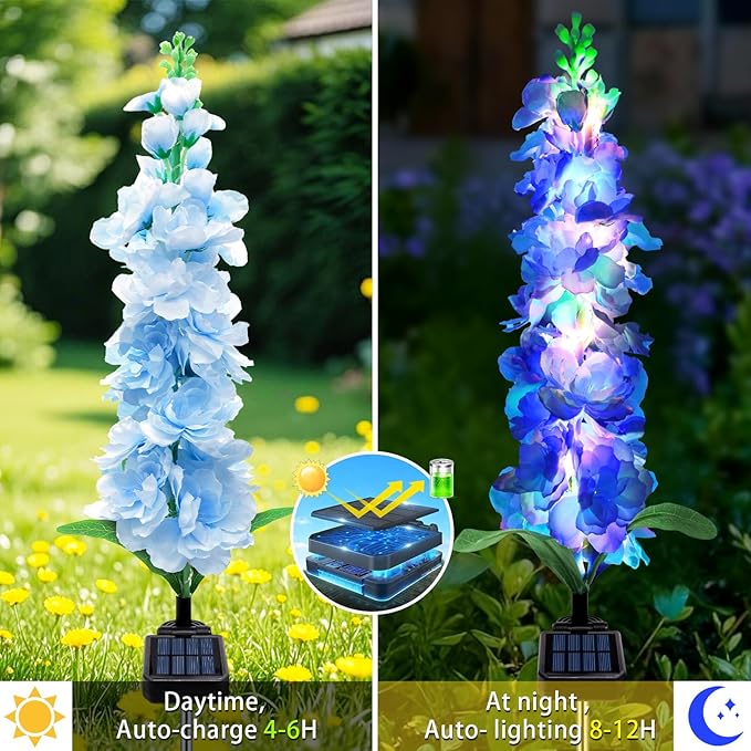 Solar Garden Lights, Solar Blue Delphinium Flowers Lights 4 Pack 80 LEDs - Image 4