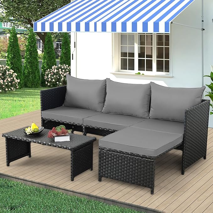 Valita 3-Piece Outdoor PE Rattan Furniture Set Patio Black Wicker Conversation - Image 3