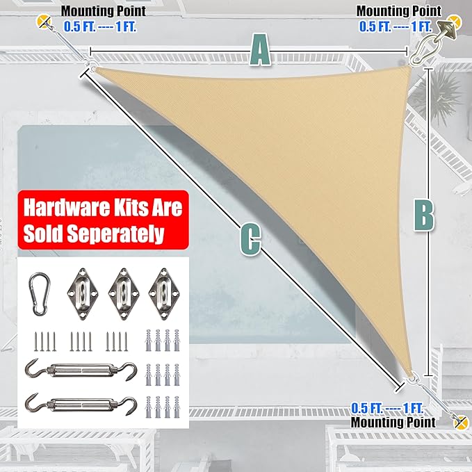 Amgo Custom Size 16' x 18' x 24.1' Beige Right Triangle Sun Shade Sail UPF50+ - Image 8