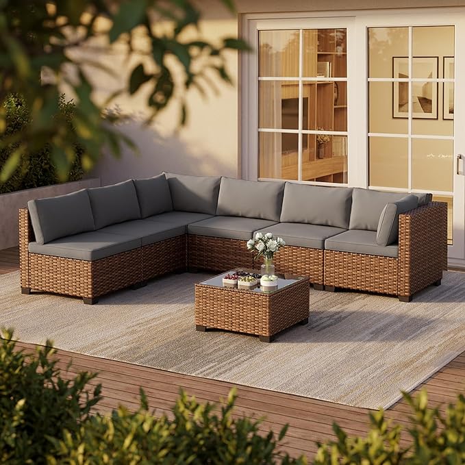 7 Pieces Patio Furniture Set, Outdoor Sectional Rattan Sofa Set, Wicker Patio by Qsun