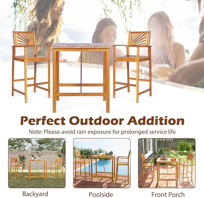 Tangkula 3 Piece Patio Bar Table & Chairs, Outdoor Acacia Wood Bar Set - Image 7