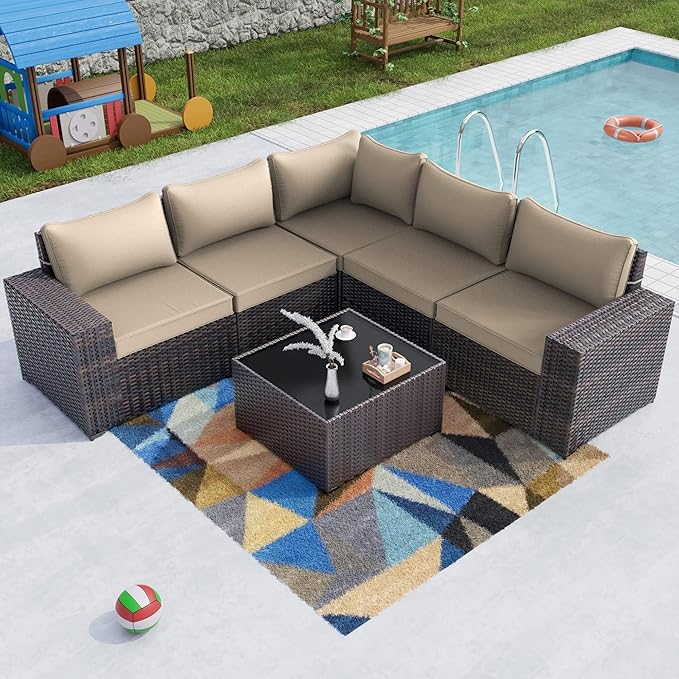Kullavik 6PCS Outdoor Patio Furniture Set PE Wicker Rattan Sectional Sofa Patio by KULLAVIK