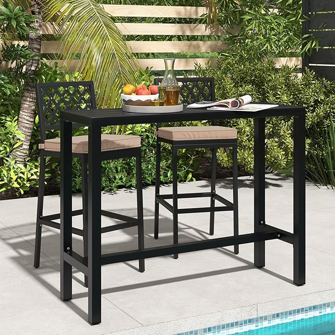 COSTWAY 3 Piece Outdoor Bar Table and Chairs Set, Metal Patio Bar Table Set - Image 2