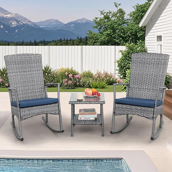 Rocking Chair Outdoor 3 Pieces High-Backed Patio Rocking Chairs Bistro Table - Image 3