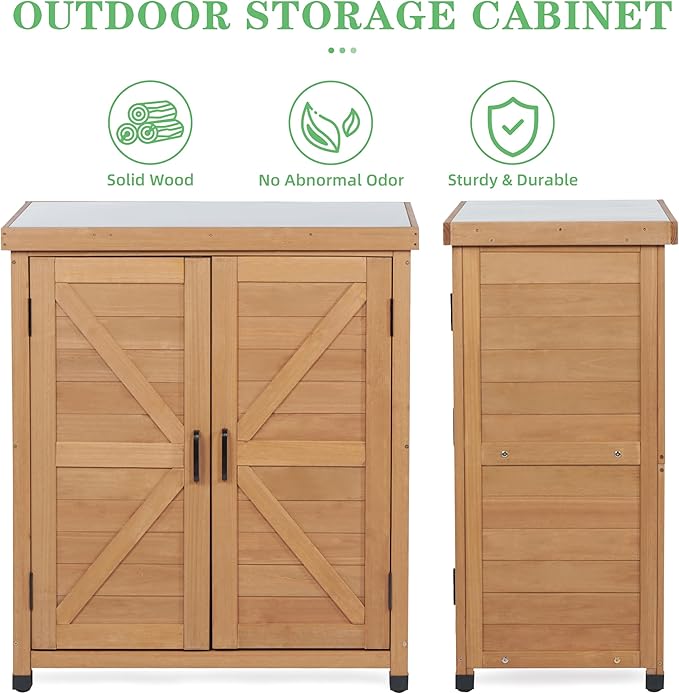Outdoor Potting Bench with Storage Cabinet and Metal Top, Wood Workstation - Image 4
