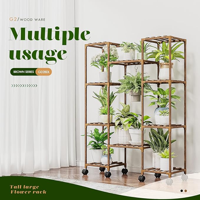 Plant Stand with Wheels Outdoor Indoor Hanging Plant Shelf - Image 2
