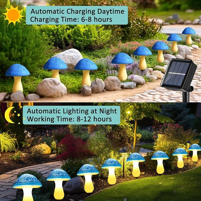 Solar Mushroom Lights Garden Decor 8 Blue Crack Mushrooms Outdoor Decor Stake - Image 5