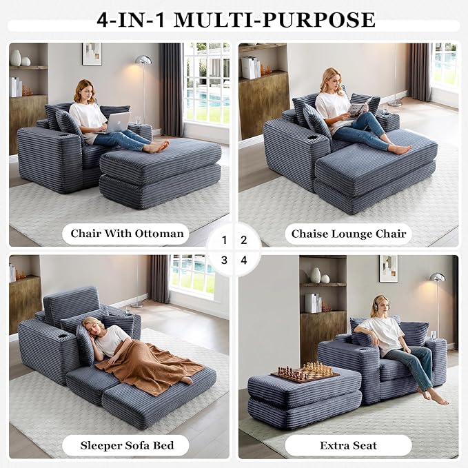 HANXIN 62" Chaise Lounge Chair Indoor, Oversized Corduroy Boneless Convertible - Image 4