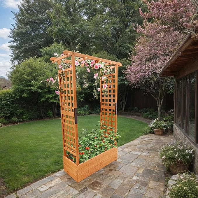 Raised Garden Bed with Wood Trellis Set of 2 Outdoor Planter Box - Image 2