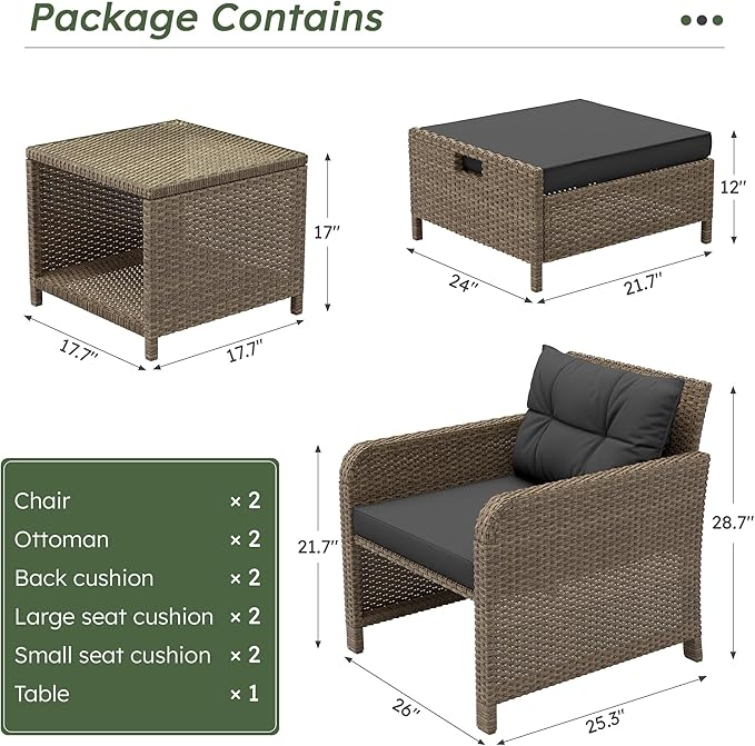 LHBcraft Balcony Furniture 5 Piece Patio Conversation Set, PE Wicker Rattan - Image 6
