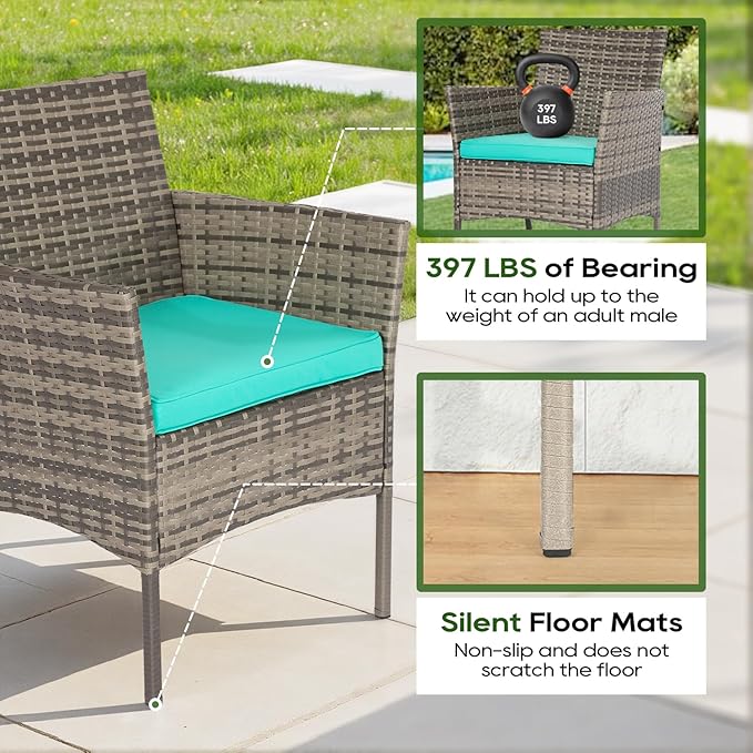 FDW | 3-Piece Patio Furniture Set | Gray & Blue | Outdoor Wicker Furniture - Image 4