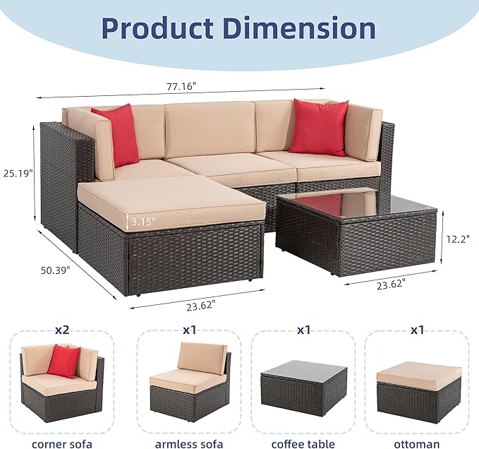Vongrasig 5 Piece Patio Furniture Sets, Outdoor Patio Set Sectional Sofa - Image 3