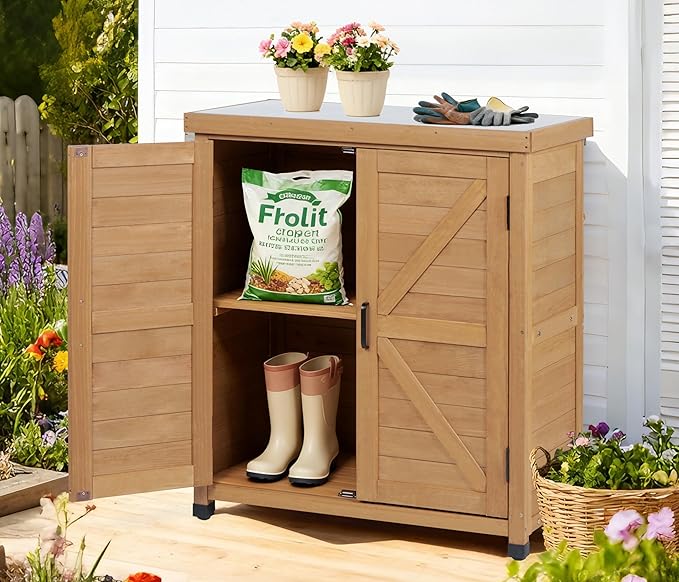 Outdoor Potting Bench with Storage Cabinet and Metal Top, Wood Workstation - Image 2