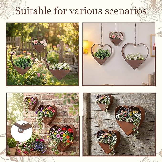 3 Pcs 3 Size Heart Metal Hanging Planter Indoor Outdoor, 13.4" 10.6" 7" Large - Image 5