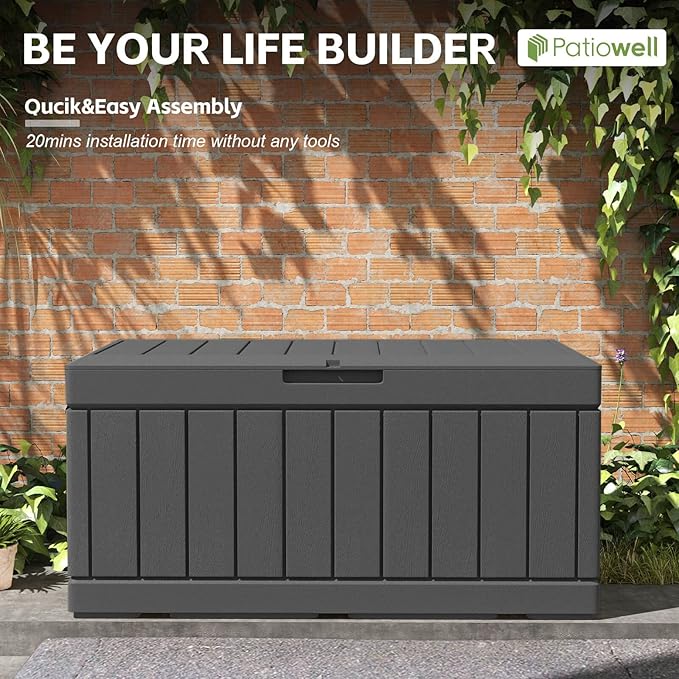 Patiowell 82 Gallon Resin Deck Box, Waterproof Large Wood Look Storage Box - Image 8